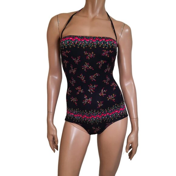 Vintage 70s Slix Swimsuit Black Pink Floral Halter Bathing Suit One Piece XS - Picture 2 of 14